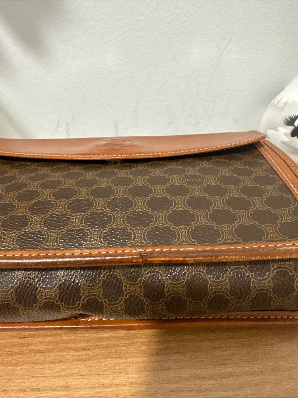 Vintage CELINE Paris Macadam Triomphe Canvas Clutch Bag Brown Leather - Picture 13 of 16